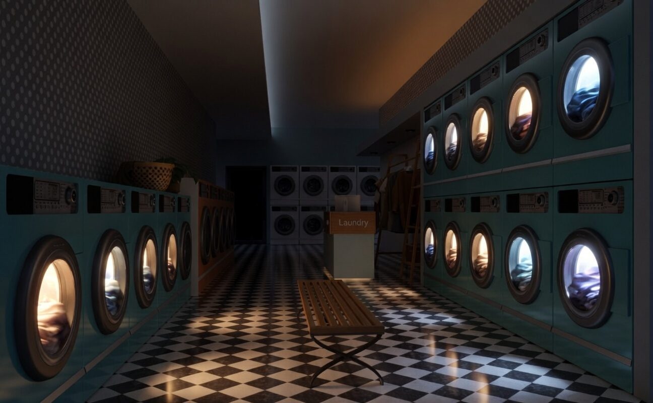 The same launderette at night